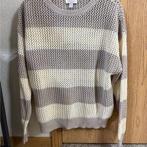 Women's Striped Crewneck Sweater - Taupe and Cream
